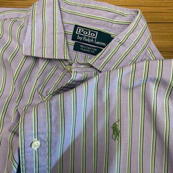 Polo Ralph Lauren L Westerton Classic‎ Fit Purple Striped Dress Shirt Green Pony - Picture 1 of 6